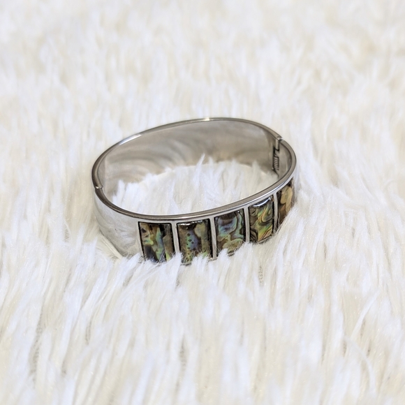 Vintage Abalone & Stainless Steel Bangle Bracelet Cuff - Picture 3 of 7